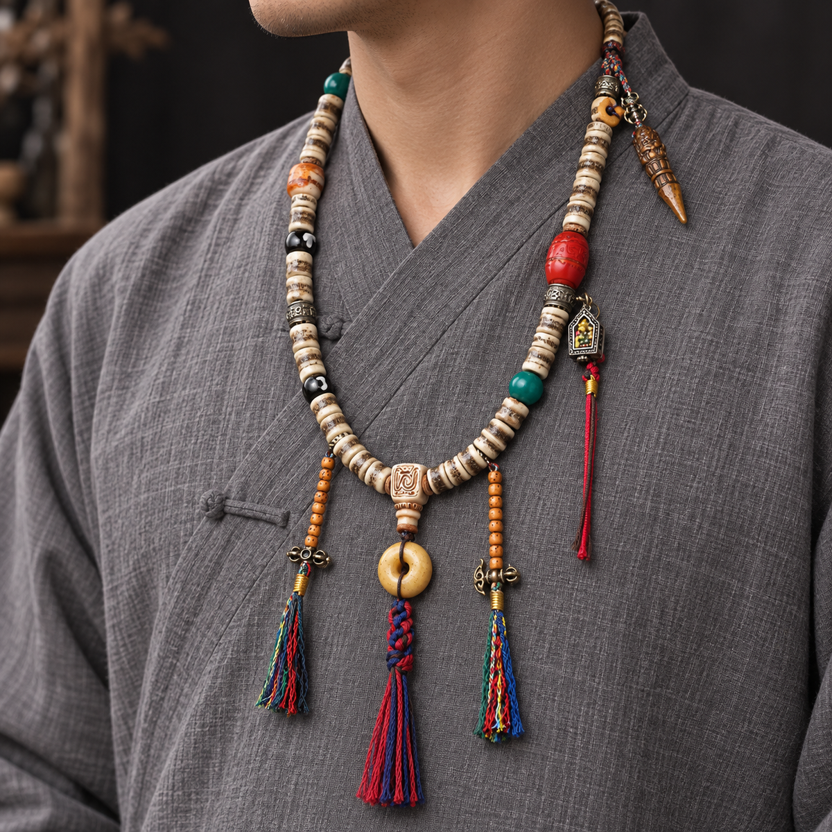 EverestArtstudios 108-Bead Mala with Camel Bone and Ghau Pendant — linen side