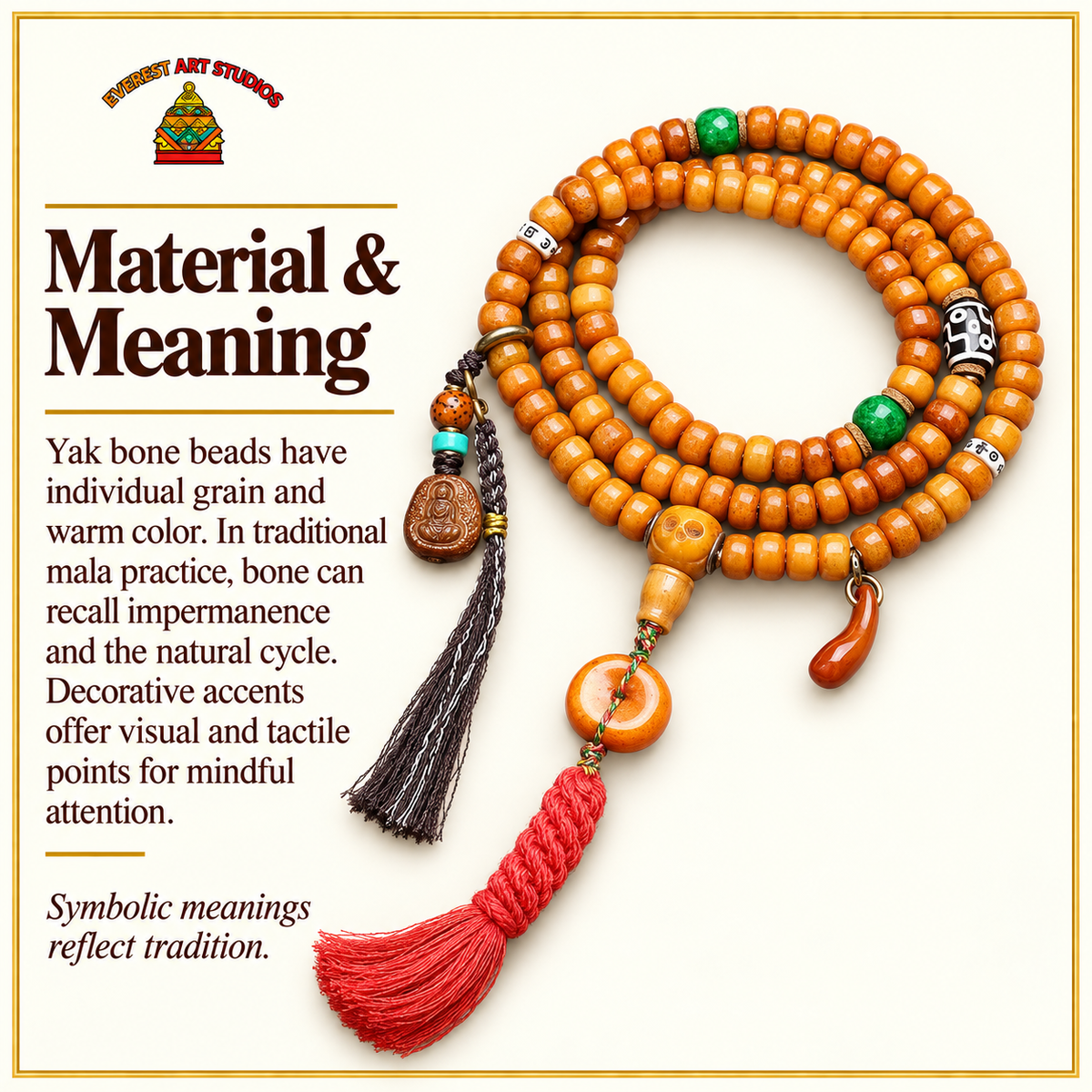 EverestArtstudios Yak Bone 108-Bead Mala in Four Decorative Styles — materials meaning