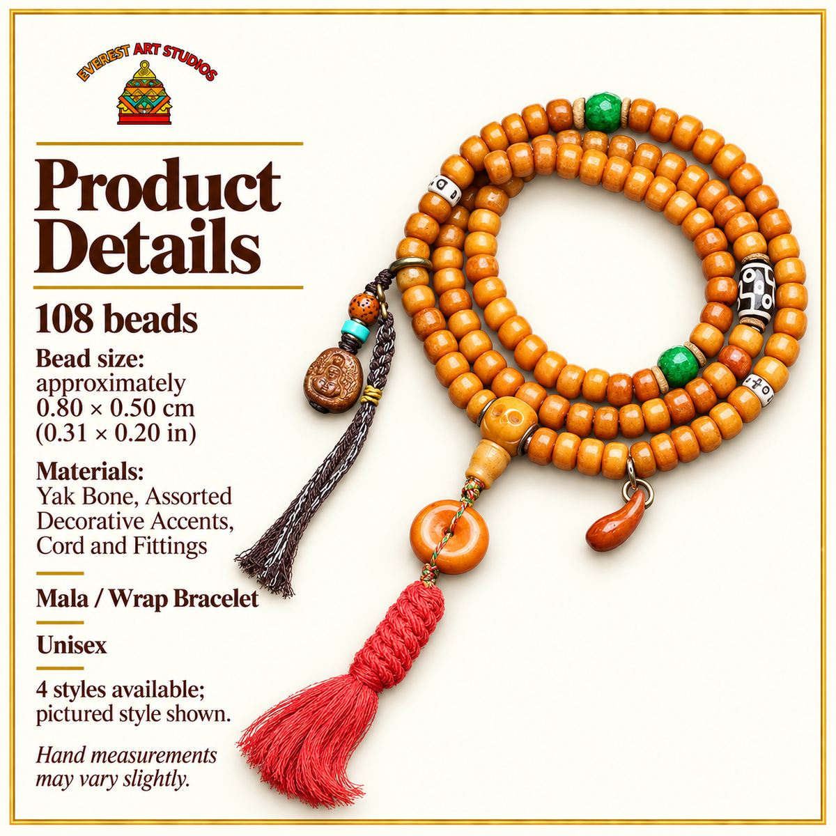 EverestArtstudios Yak Bone 108-Bead Mala in Four Decorative Styles — specifications