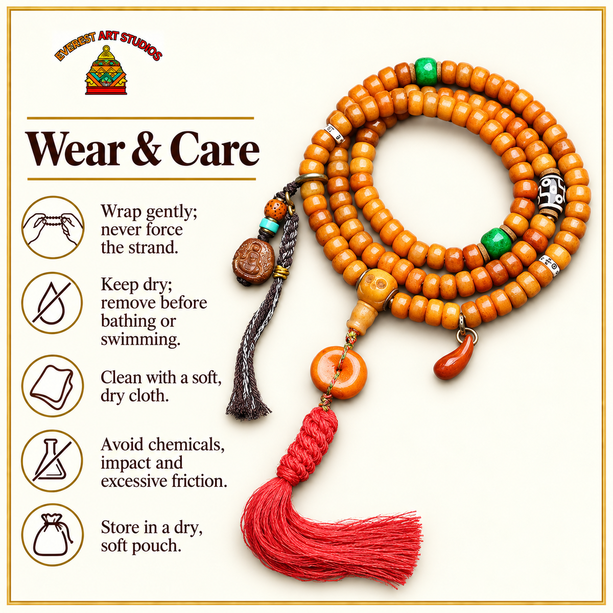 EverestArtstudios Yak Bone 108-Bead Mala in Four Decorative Styles — care