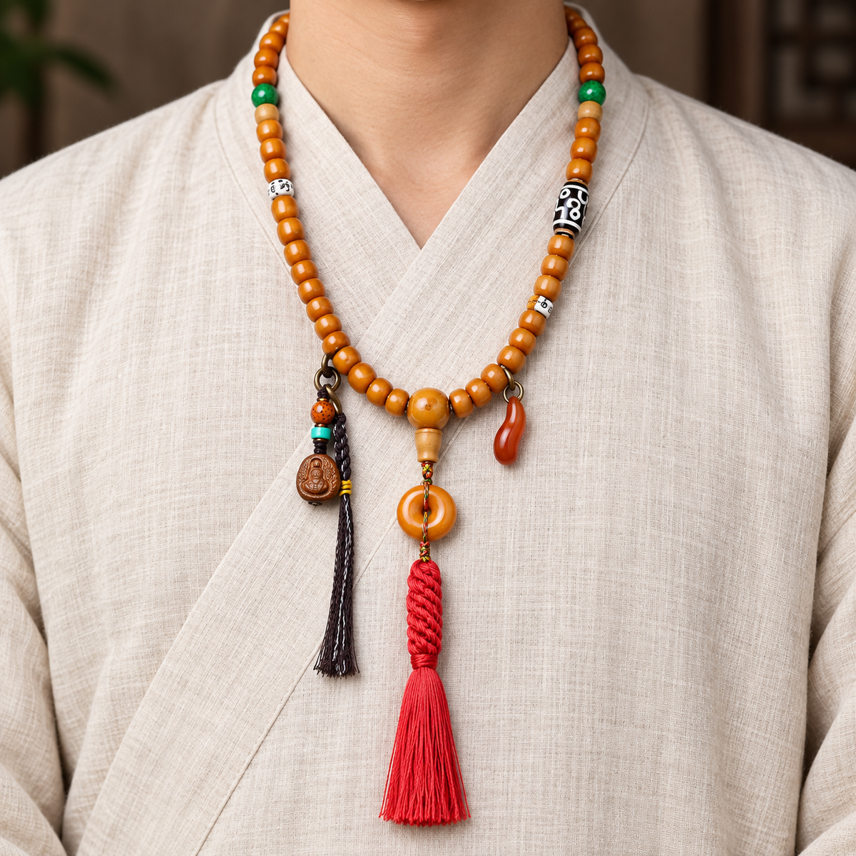 EverestArtstudios Yak Bone 108-Bead Mala in Four Decorative Styles — linen front