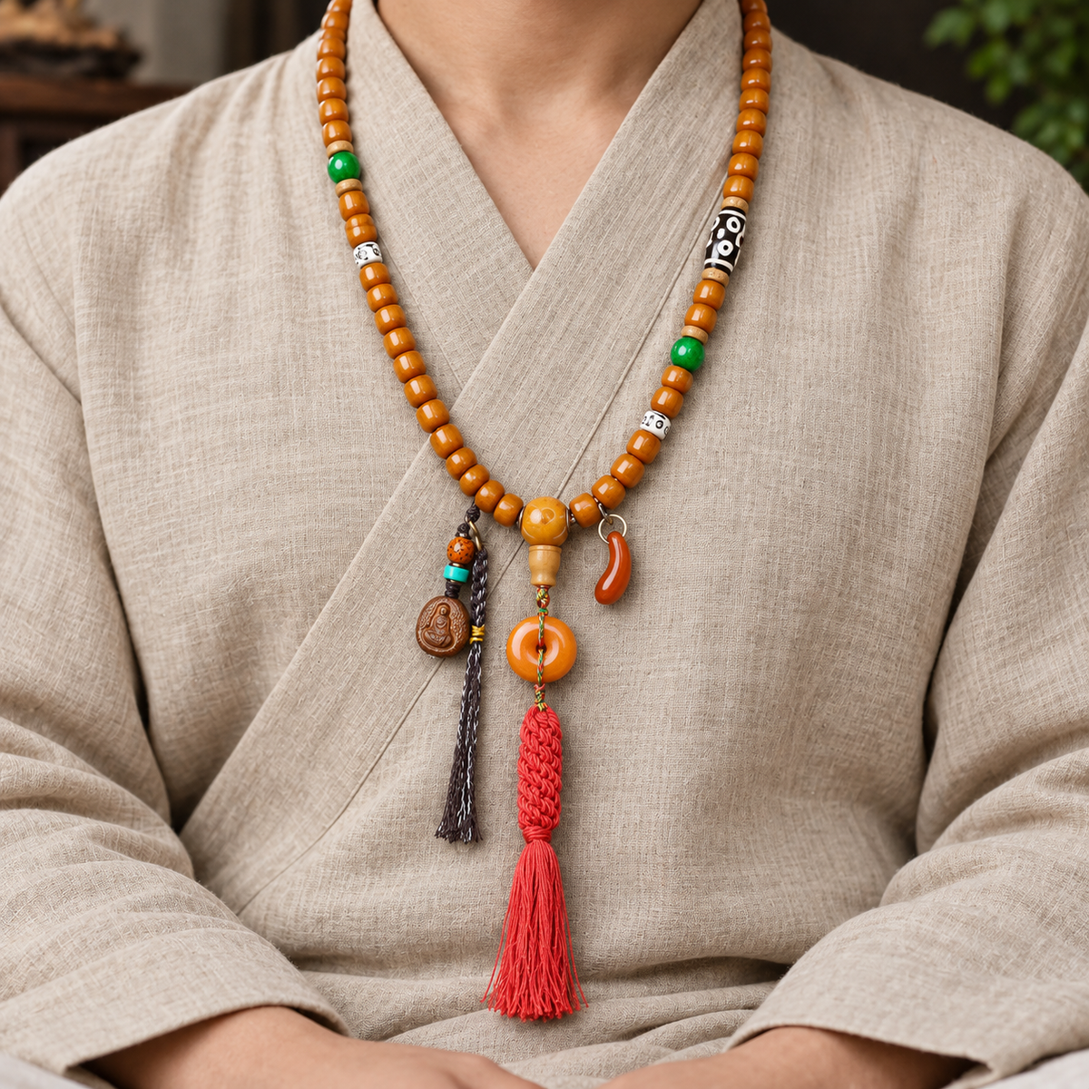 EverestArtstudios Yak Bone 108-Bead Mala in Four Decorative Styles — linen seated
