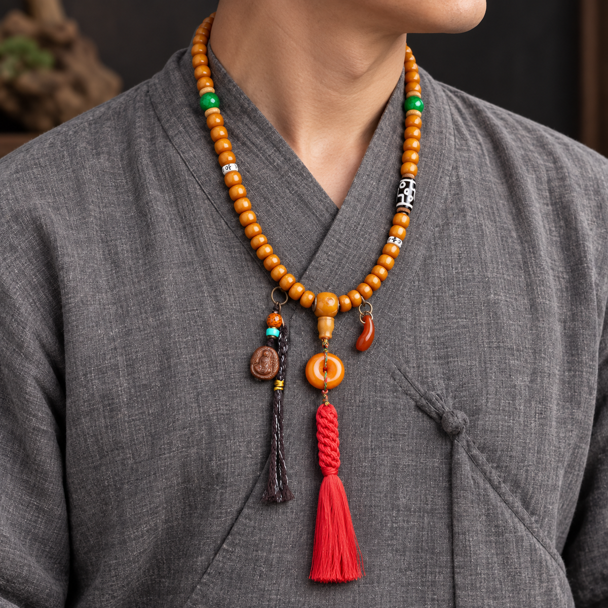 EverestArtstudios Yak Bone 108-Bead Mala in Four Decorative Styles — linen side