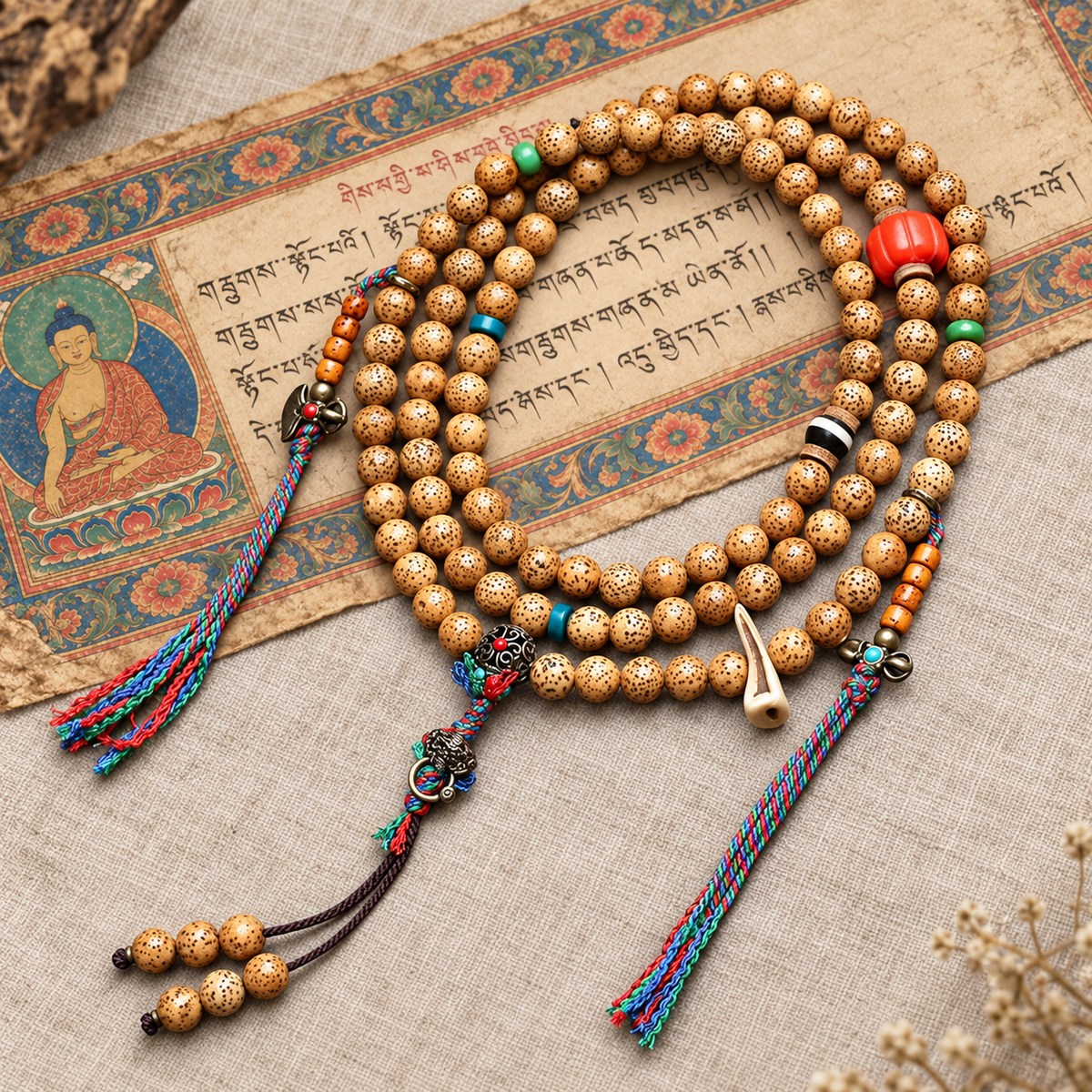EverestArtstudios Textured Xingyue Bodhi 108-Bead Mala with Coral and Yak Bone Accents — full product