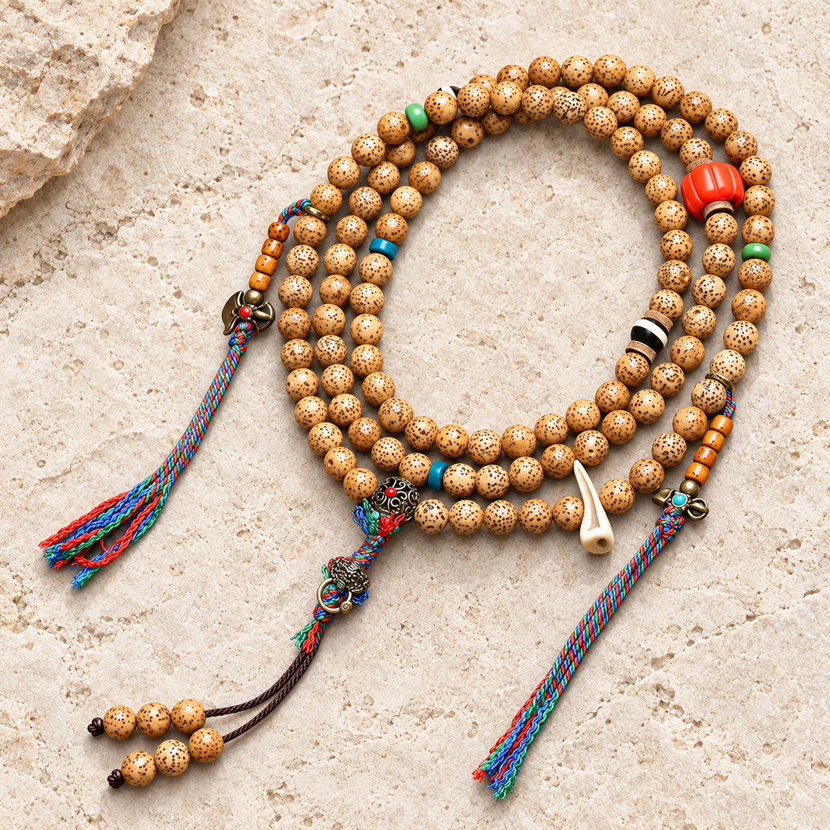 EverestArtstudios Textured Xingyue Bodhi 108-Bead Mala with Coral and Yak Bone Accents — overall display