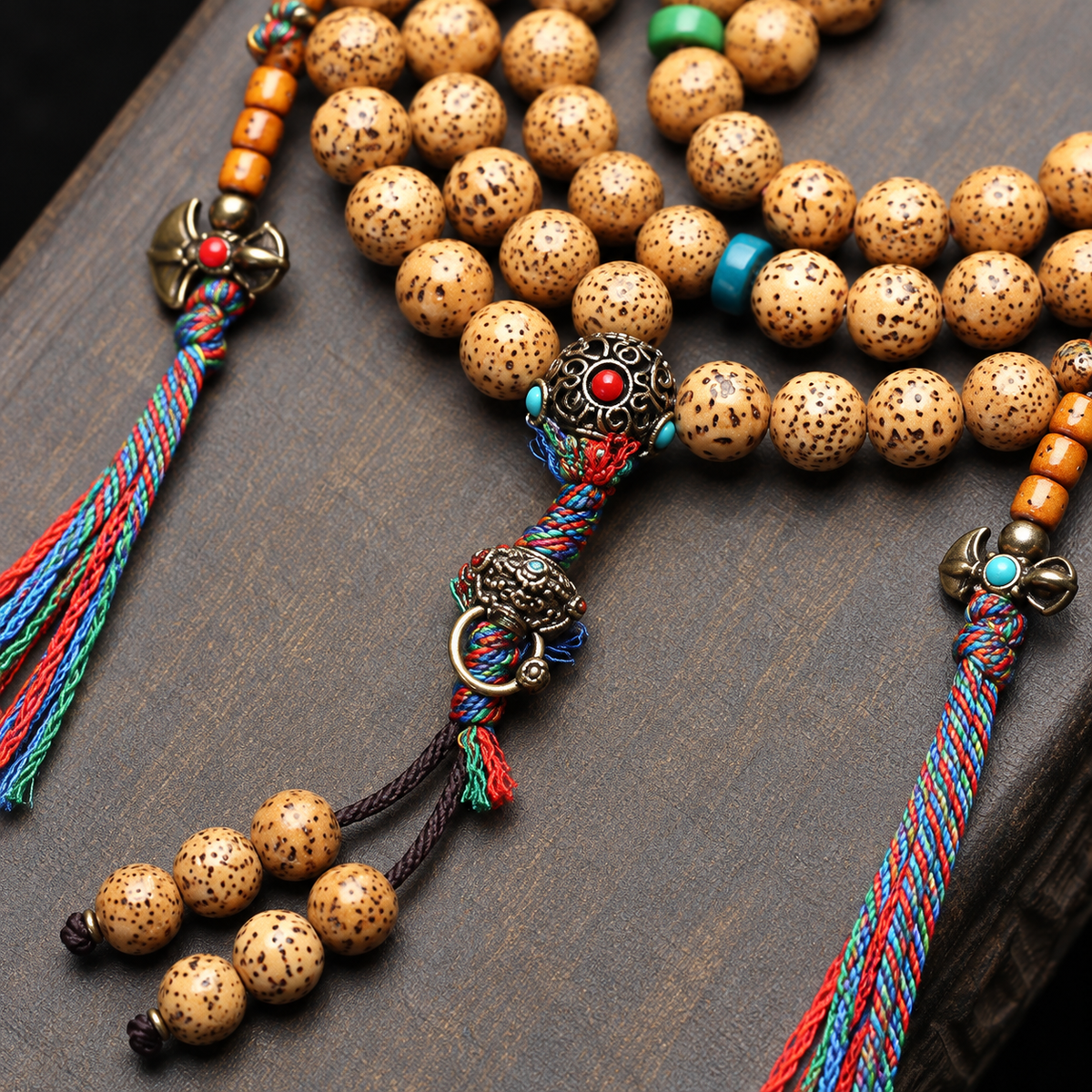 EverestArtstudios Textured Xingyue Bodhi 108-Bead Mala with Coral and Yak Bone Accents — connection detail