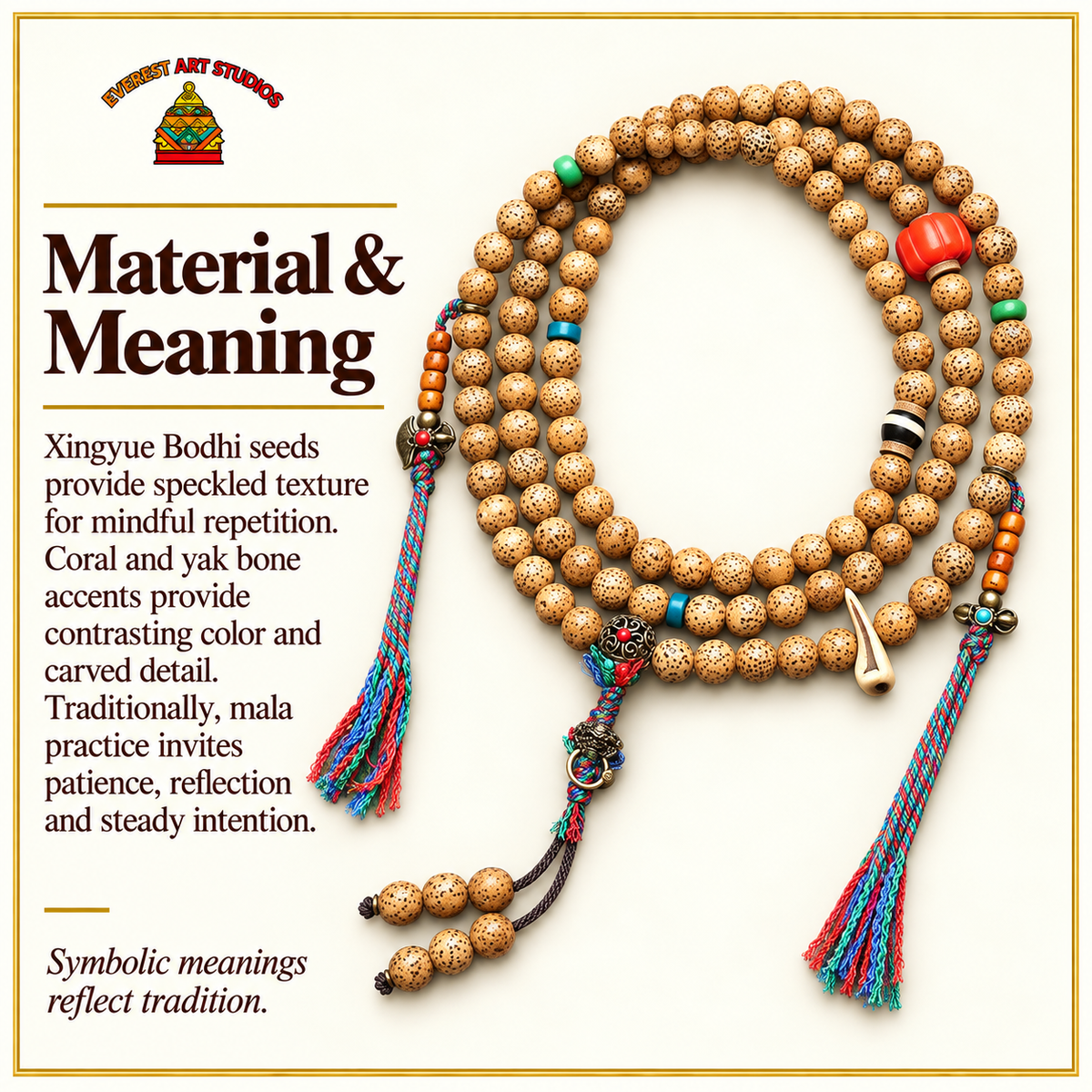 EverestArtstudios Textured Xingyue Bodhi 108-Bead Mala with Coral and Yak Bone Accents — materials meaning