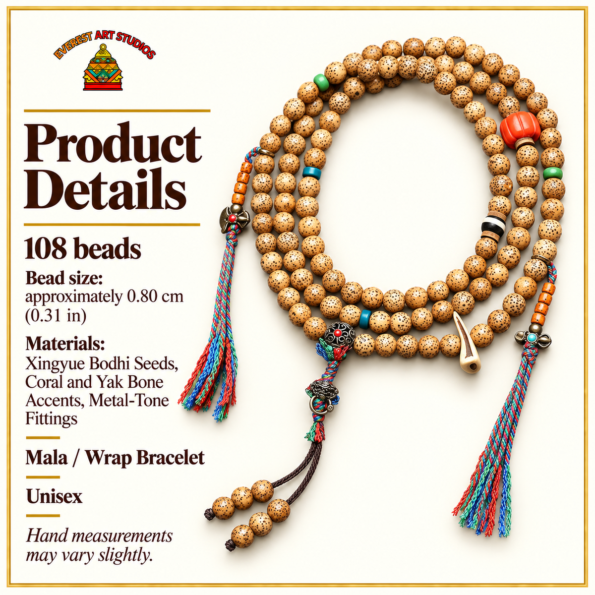 EverestArtstudios Textured Xingyue Bodhi 108-Bead Mala with Coral and Yak Bone Accents — specifications
