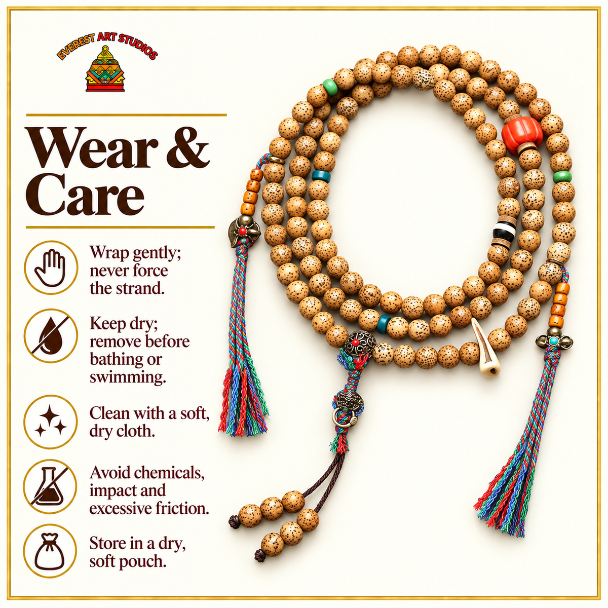 EverestArtstudios Textured Xingyue Bodhi 108-Bead Mala with Coral and Yak Bone Accents — care