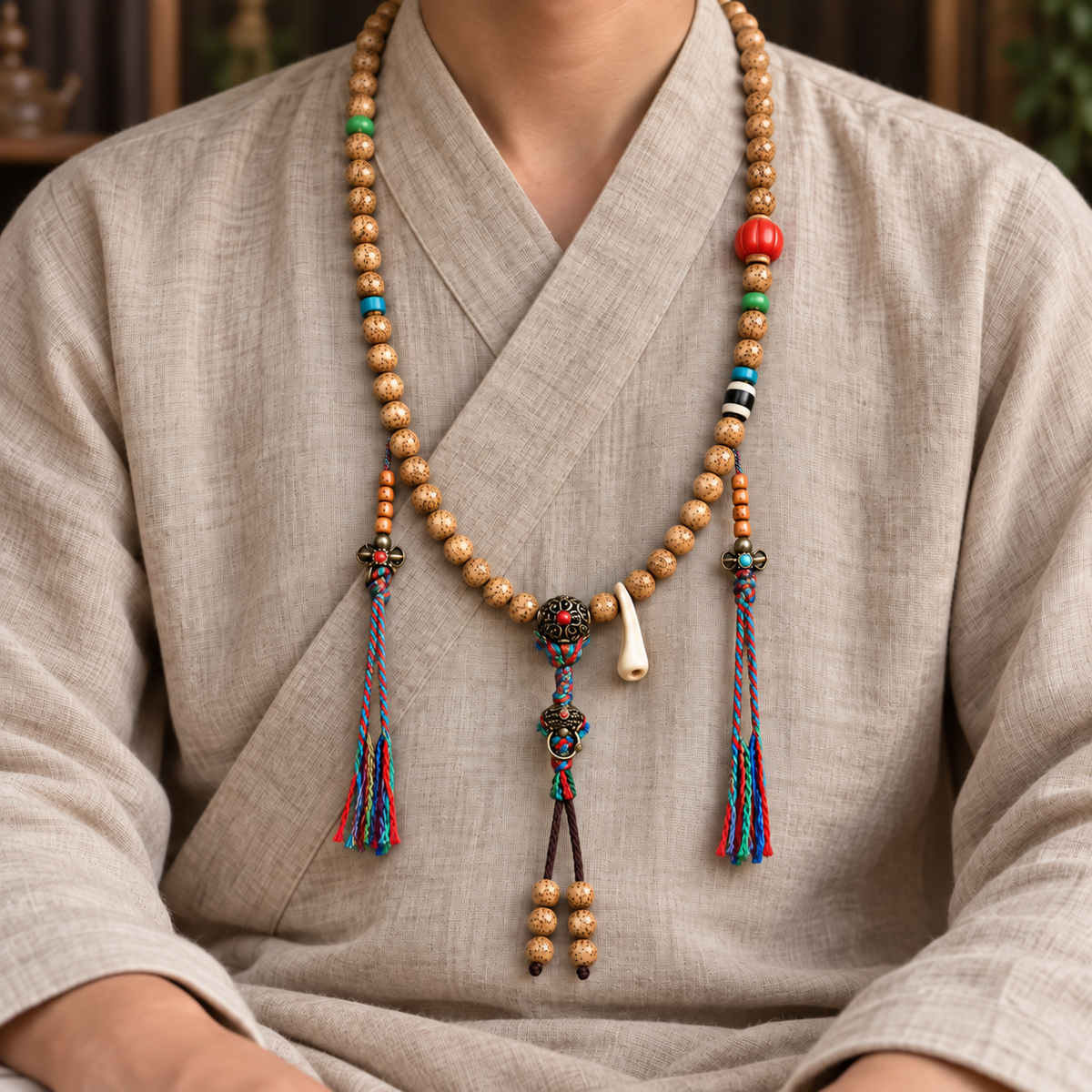 EverestArtstudios Textured Xingyue Bodhi 108-Bead Mala with Coral and Yak Bone Accents — linen seated