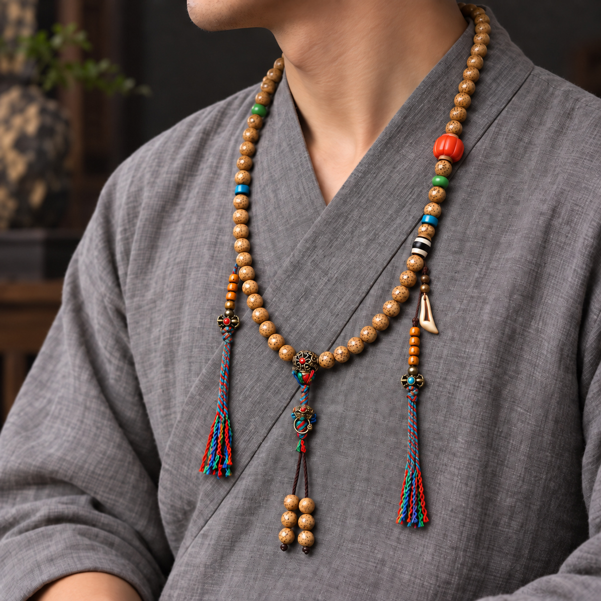 EverestArtstudios Textured Xingyue Bodhi 108-Bead Mala with Coral and Yak Bone Accents — linen side