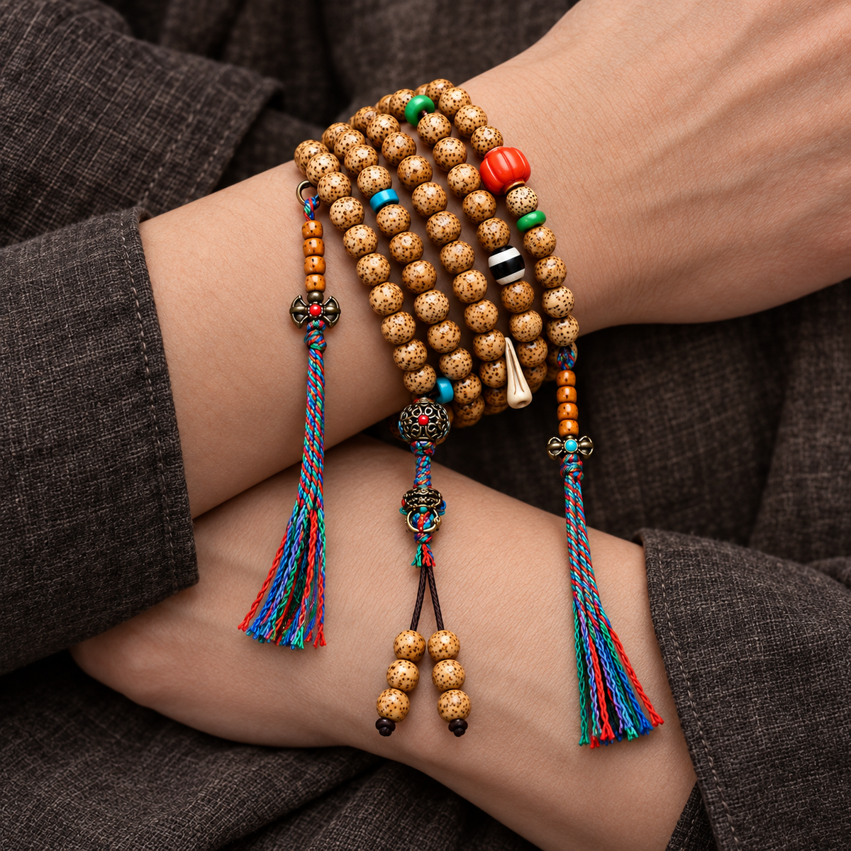 EverestArtstudios Textured Xingyue Bodhi 108-Bead Mala with Coral and Yak Bone Accents — wrist crossed