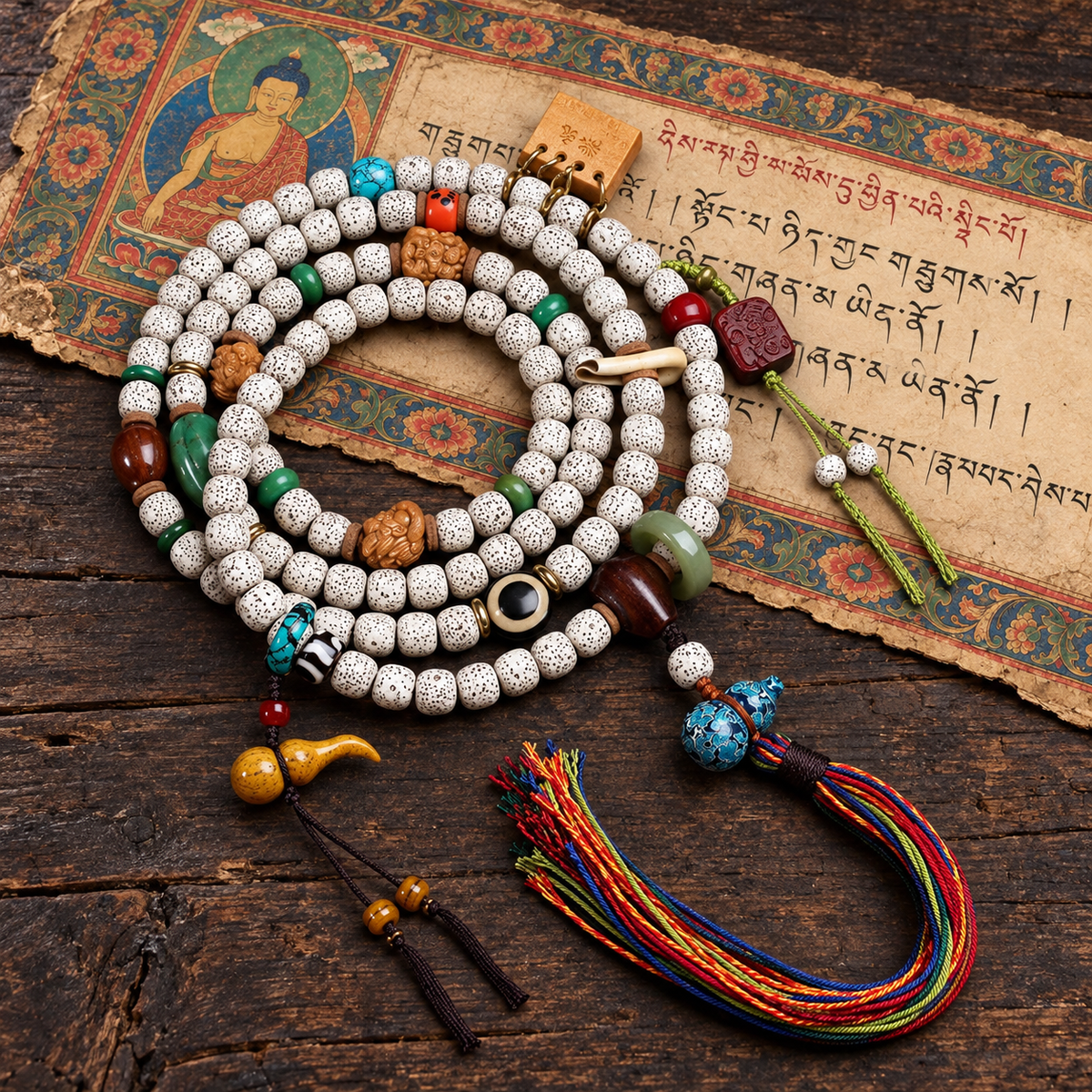 EverestArtstudios Xingyue Bodhi 108-Bead Mala Necklace with Tassel Accents — full product