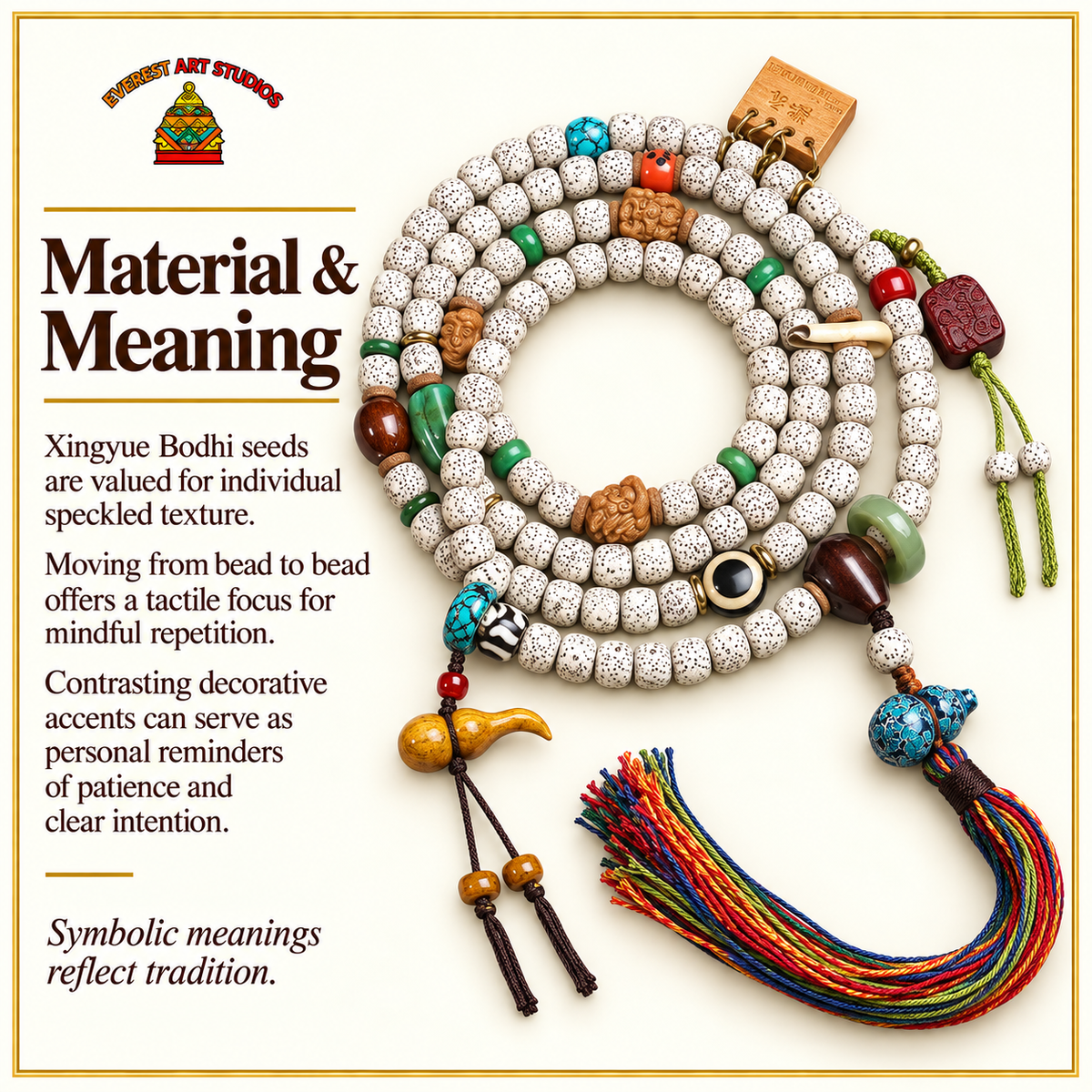 EverestArtstudios Xingyue Bodhi 108-Bead Mala Necklace with Tassel Accents — materials meaning