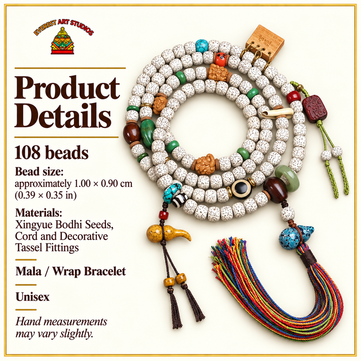 EverestArtstudios Xingyue Bodhi 108-Bead Mala Necklace with Tassel Accents — specifications