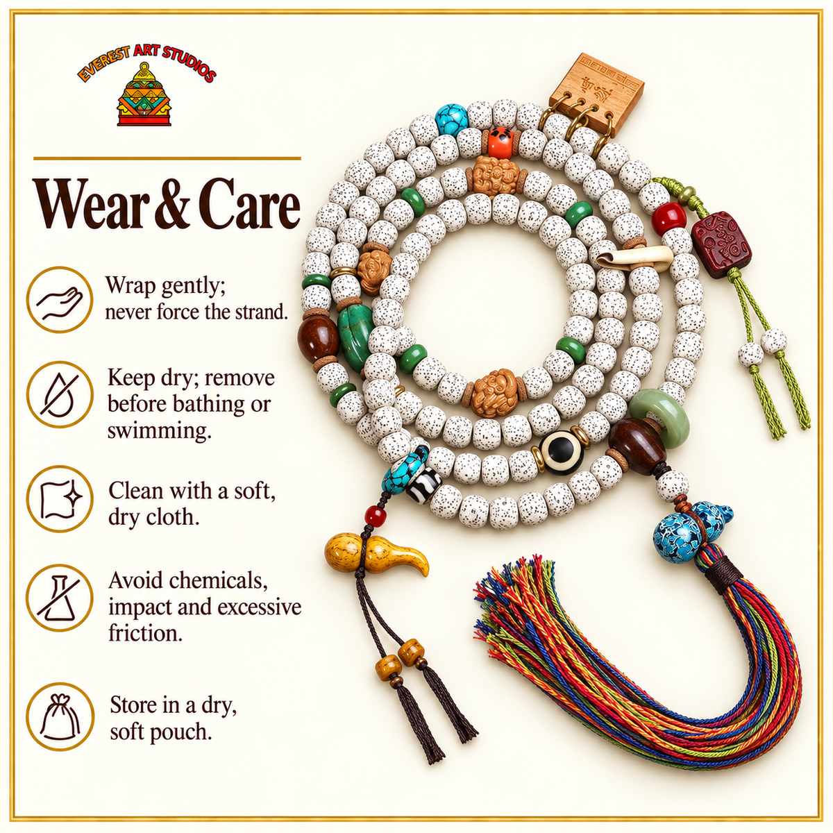 EverestArtstudios Xingyue Bodhi 108-Bead Mala Necklace with Tassel Accents — care