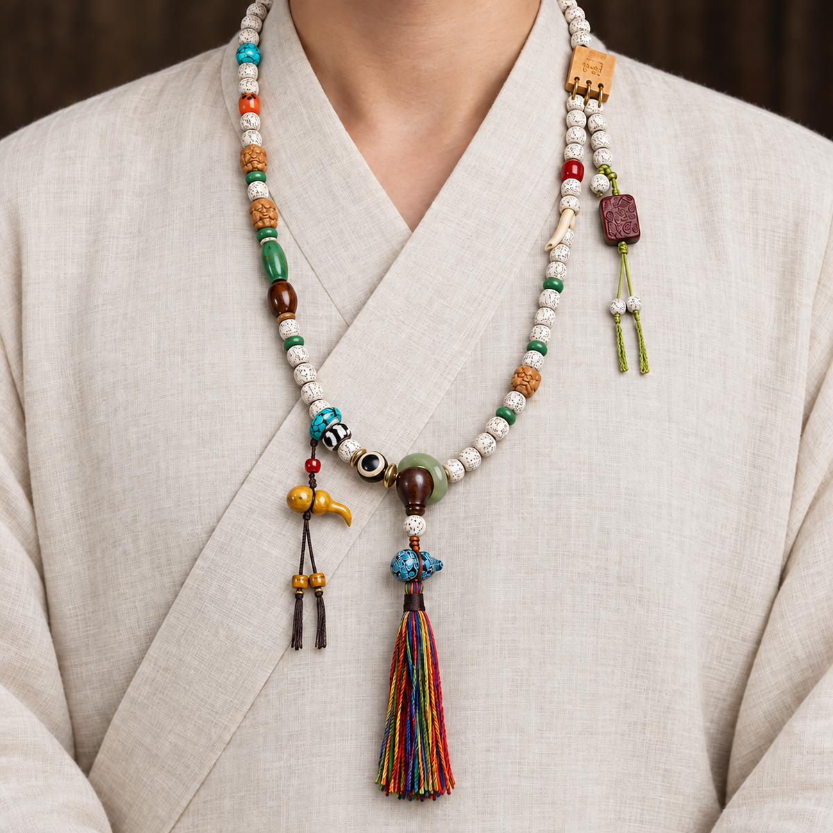 EverestArtstudios Xingyue Bodhi 108-Bead Mala Necklace with Tassel Accents — linen front