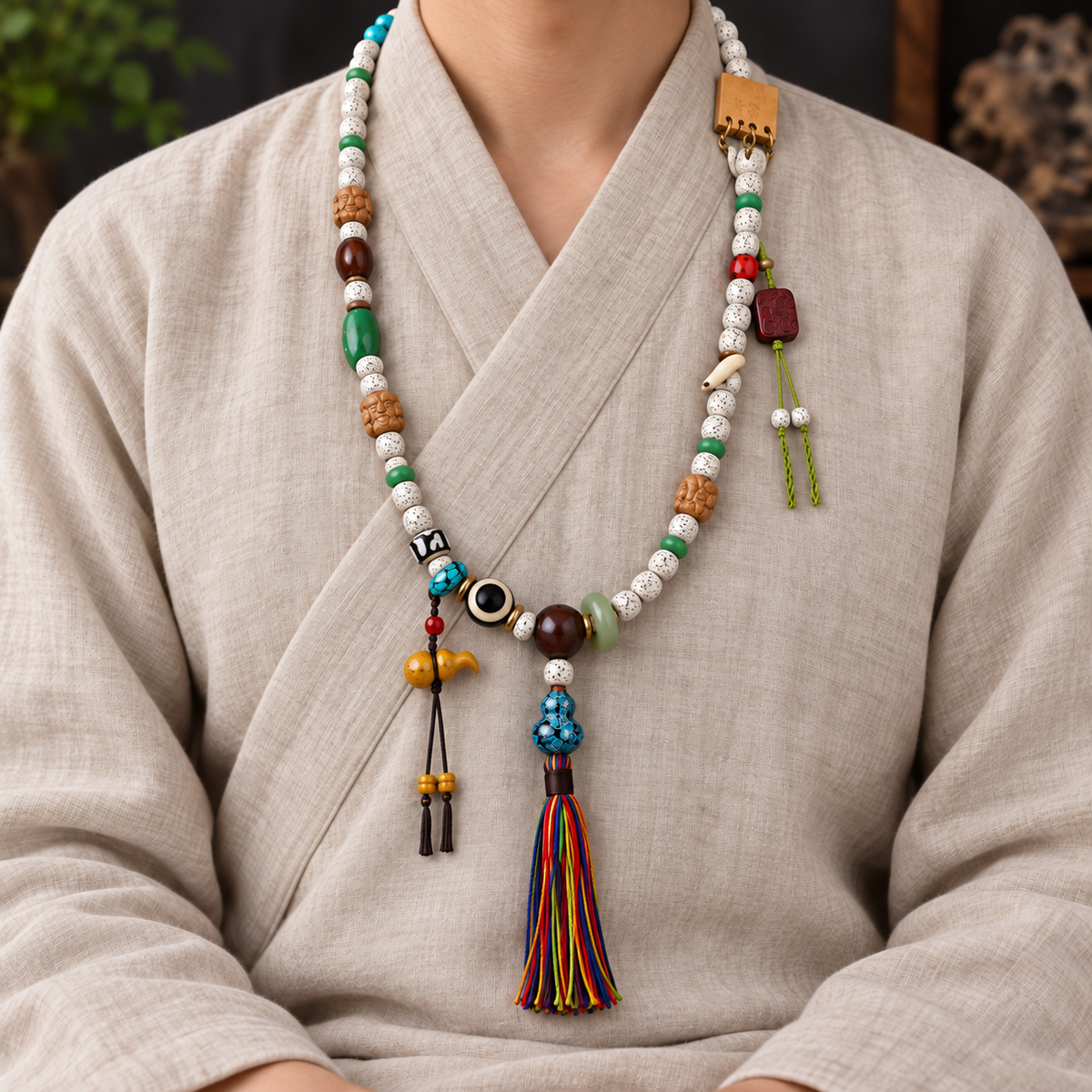 EverestArtstudios Xingyue Bodhi 108-Bead Mala Necklace with Tassel Accents — linen seated