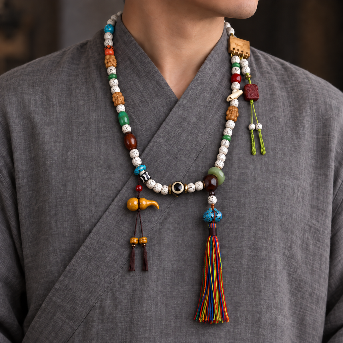 EverestArtstudios Xingyue Bodhi 108-Bead Mala Necklace with Tassel Accents — linen side