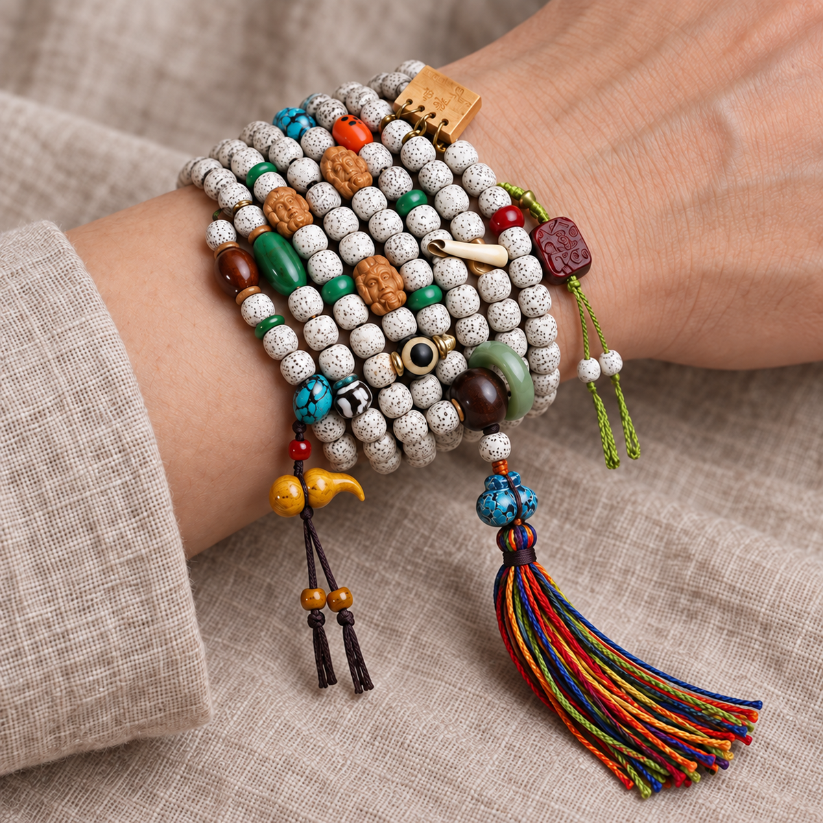 EverestArtstudios Xingyue Bodhi 108-Bead Mala Necklace with Tassel Accents — wrist resting