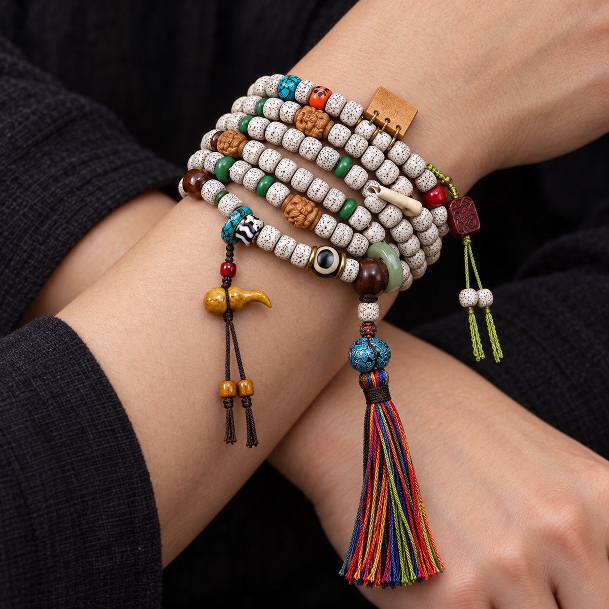 EverestArtstudios Xingyue Bodhi 108-Bead Mala Necklace with Tassel Accents — wrist crossed