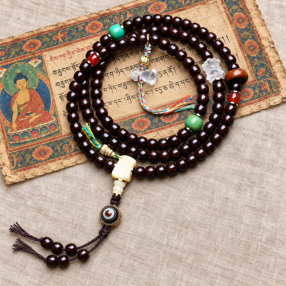 EverestArtstudios Coconut Barrel-Bead Mala with Agate and Crystal Lotus Accents — full product