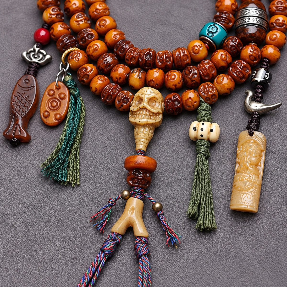 EverestArtstudios Carved Camel Bone 108-Bead Mala with Yak Bone and Agate Accents — connection detail