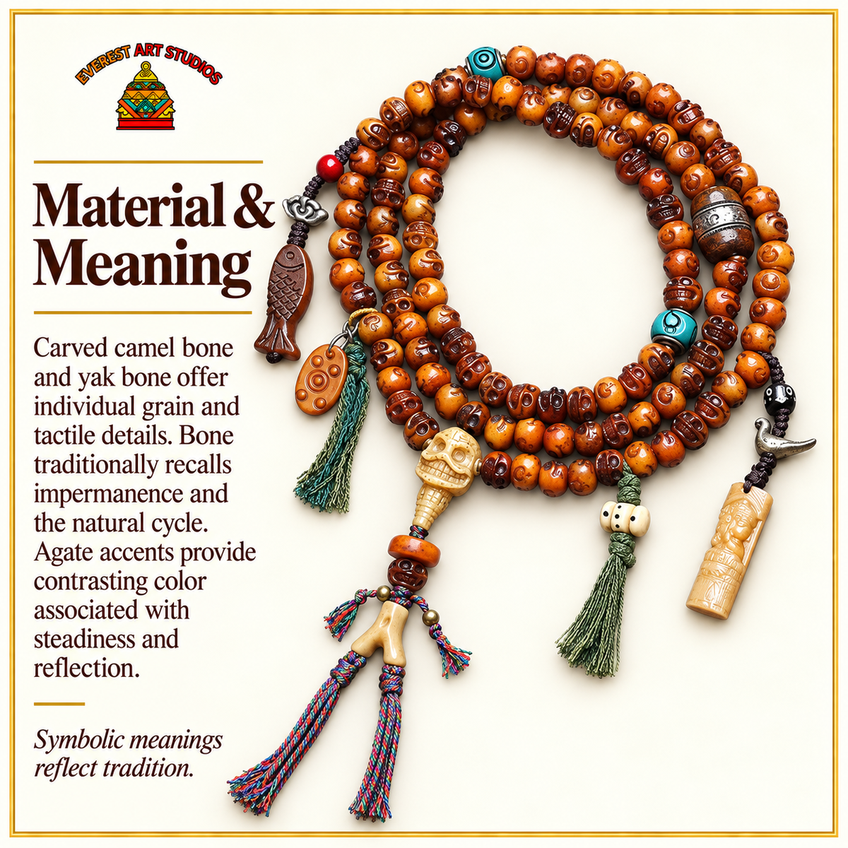 EverestArtstudios Carved Camel Bone 108-Bead Mala with Yak Bone and Agate Accents — materials meaning