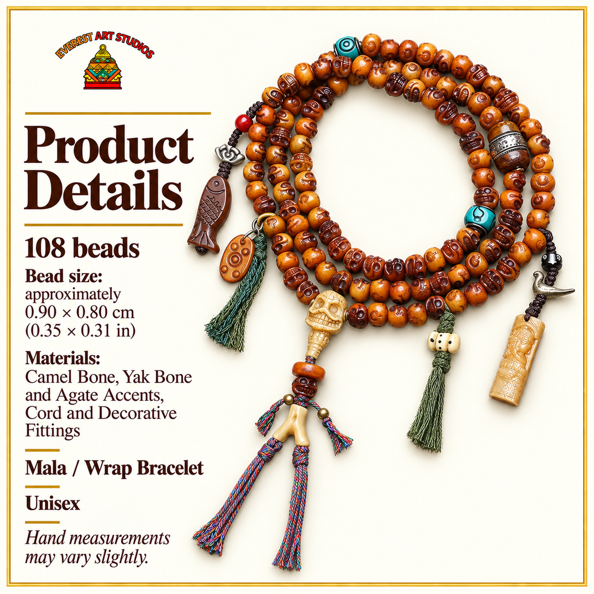 EverestArtstudios Carved Camel Bone 108-Bead Mala with Yak Bone and Agate Accents — specifications