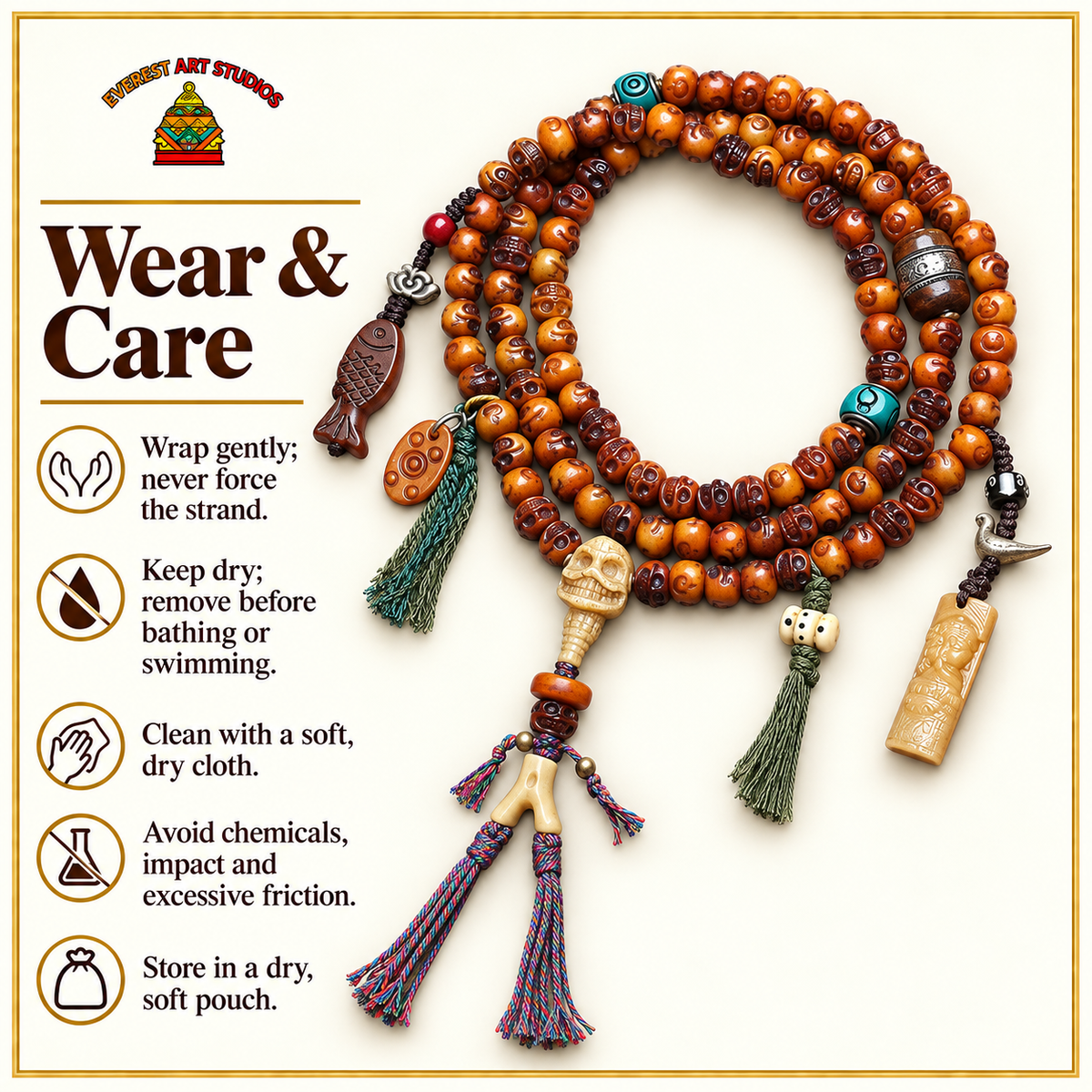 EverestArtstudios Carved Camel Bone 108-Bead Mala with Yak Bone and Agate Accents — care