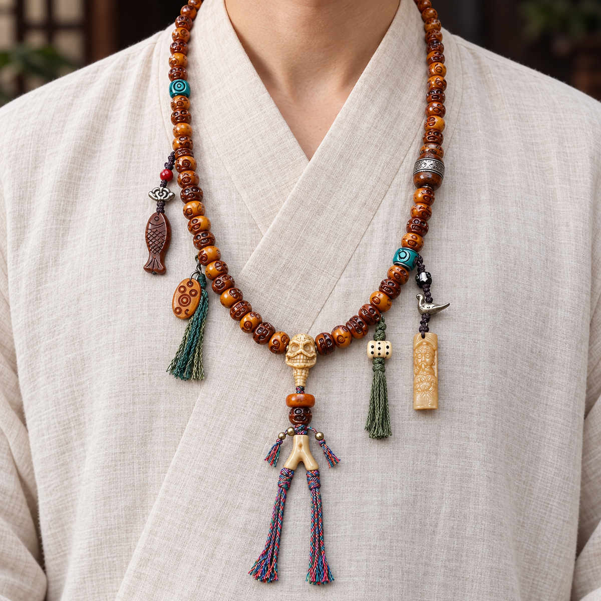 EverestArtstudios Carved Camel Bone 108-Bead Mala with Yak Bone and Agate Accents — linen front