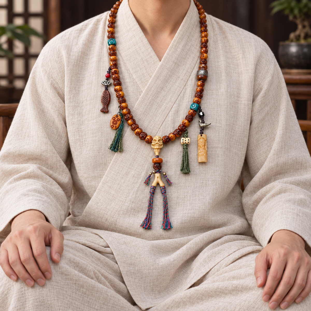 EverestArtstudios Carved Camel Bone 108-Bead Mala with Yak Bone and Agate Accents — linen seated
