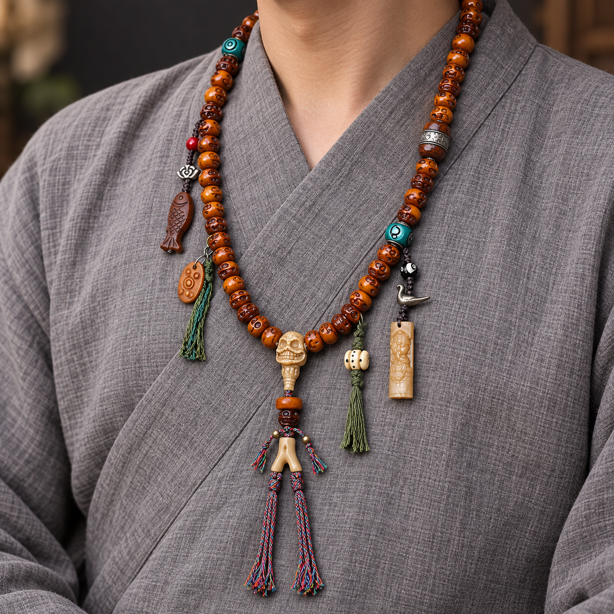 EverestArtstudios Carved Camel Bone 108-Bead Mala with Yak Bone and Agate Accents — linen side