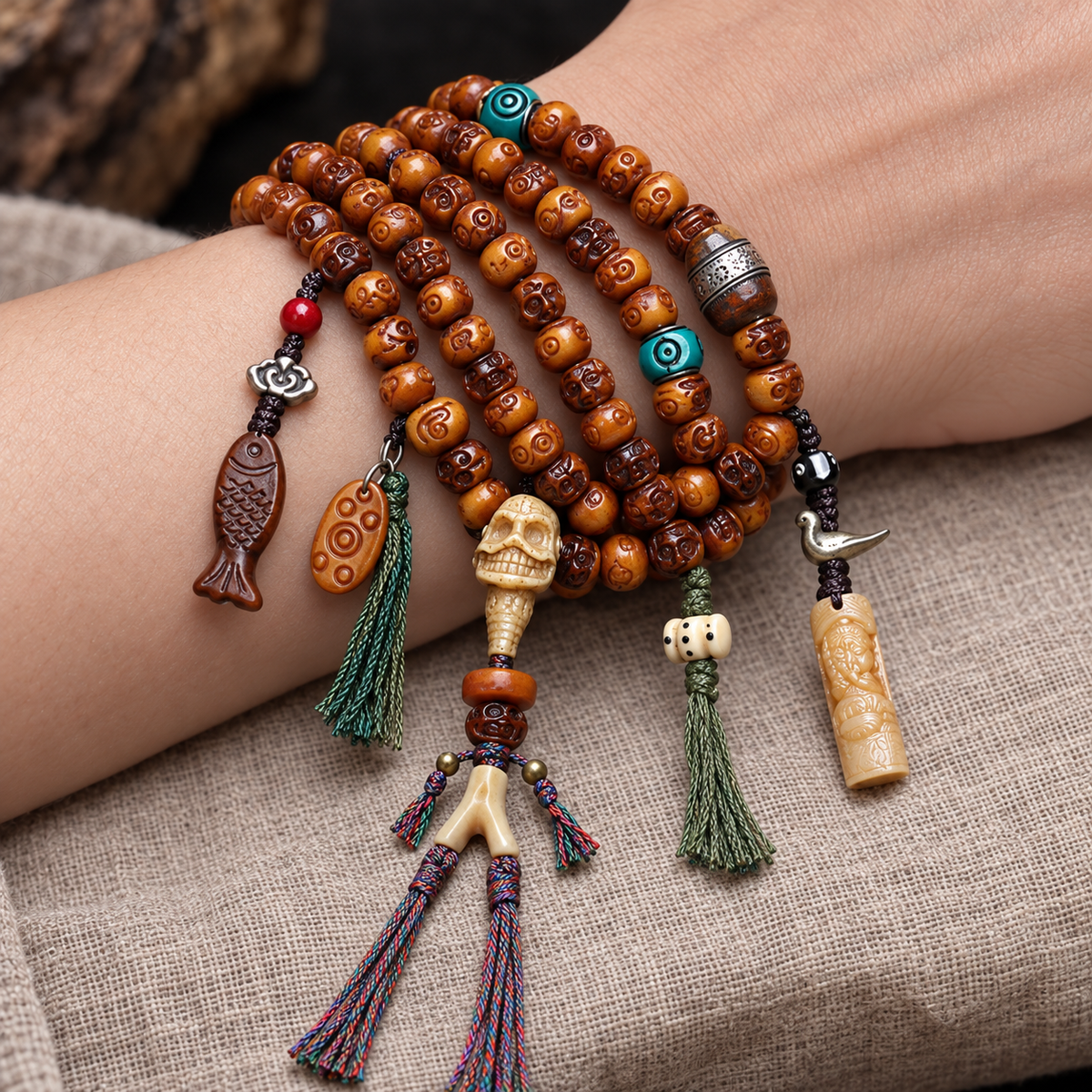 EverestArtstudios Carved Camel Bone 108-Bead Mala with Yak Bone and Agate Accents — wrist resting