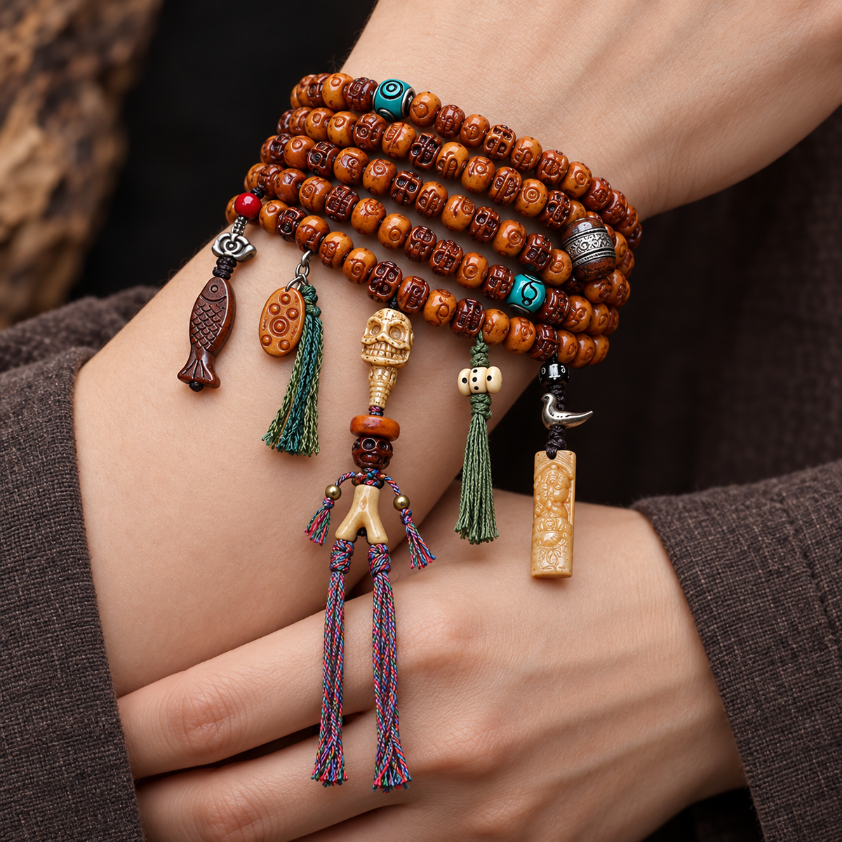 EverestArtstudios Carved Camel Bone 108-Bead Mala with Yak Bone and Agate Accents — wrist crossed