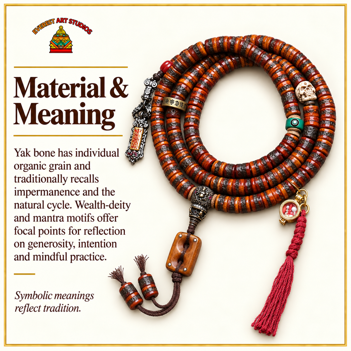 EverestArtstudios Yak Bone 108-Bead Mala with Wealth Deity and Mantra Motifs — materials meaning