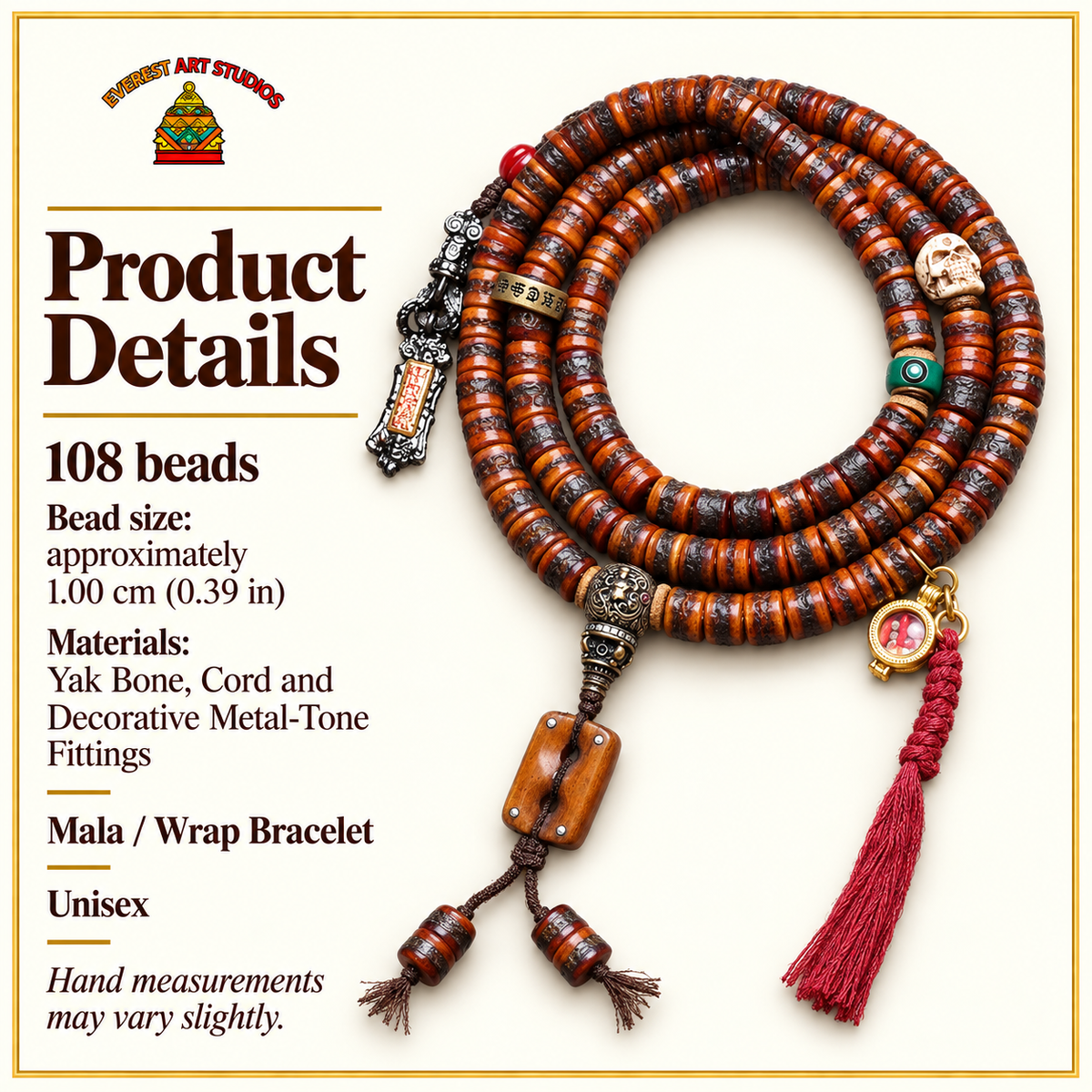 EverestArtstudios Yak Bone 108-Bead Mala with Wealth Deity and Mantra Motifs — specifications