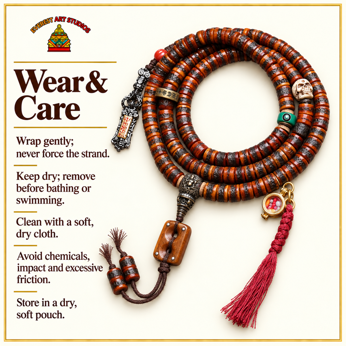 EverestArtstudios Yak Bone 108-Bead Mala with Wealth Deity and Mantra Motifs — care