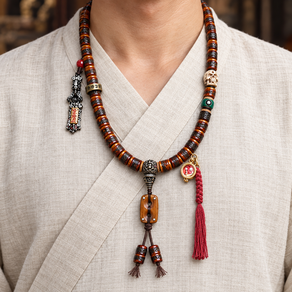 EverestArtstudios Yak Bone 108-Bead Mala with Wealth Deity and Mantra Motifs — linen front