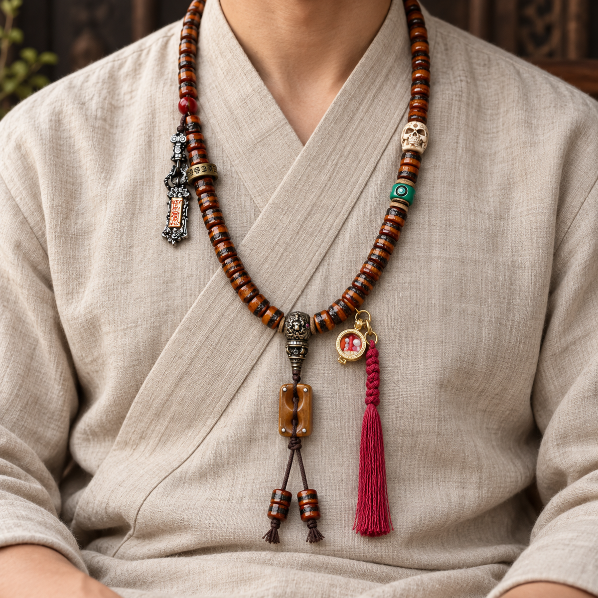 EverestArtstudios Yak Bone 108-Bead Mala with Wealth Deity and Mantra Motifs — linen seated