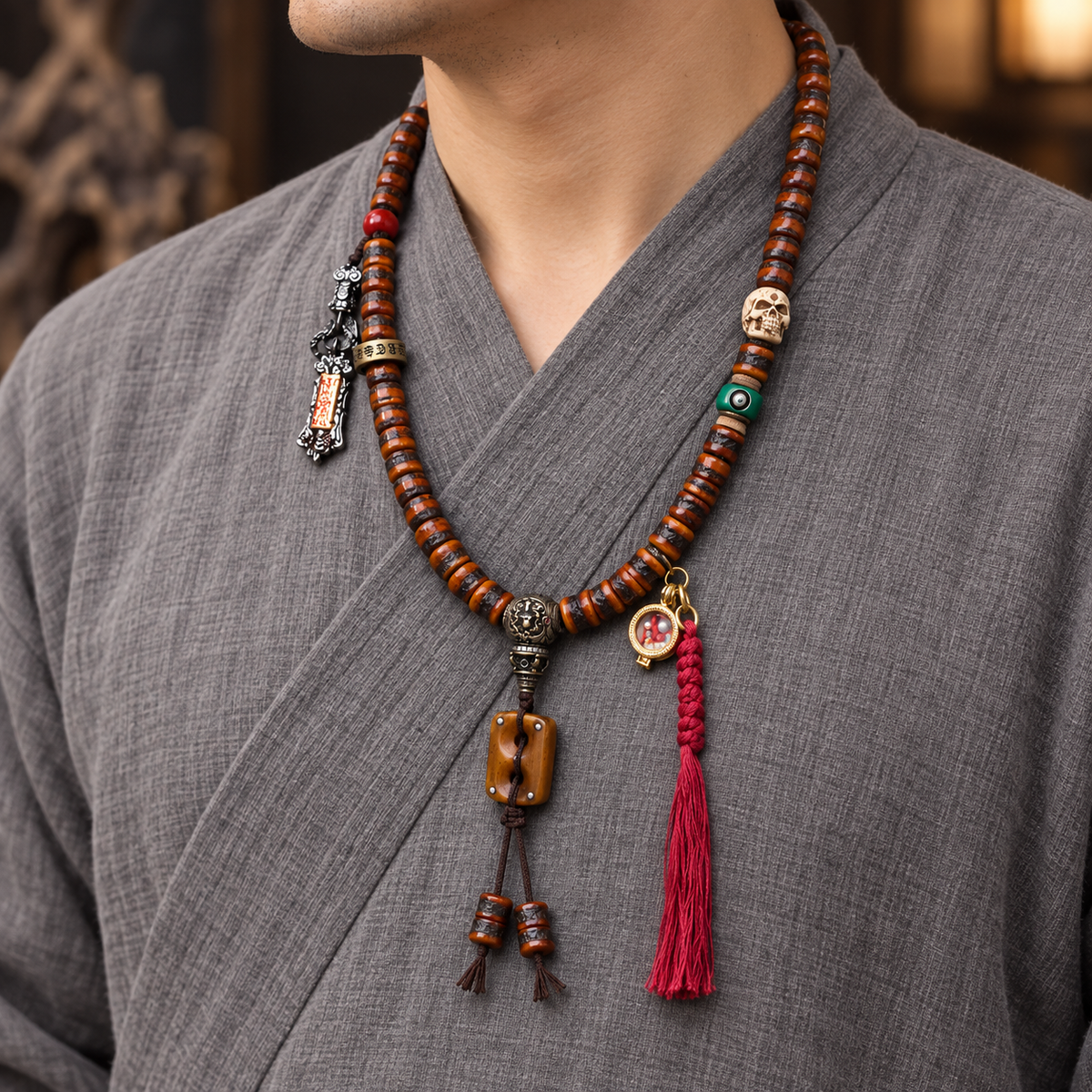 EverestArtstudios Yak Bone 108-Bead Mala with Wealth Deity and Mantra Motifs — linen side