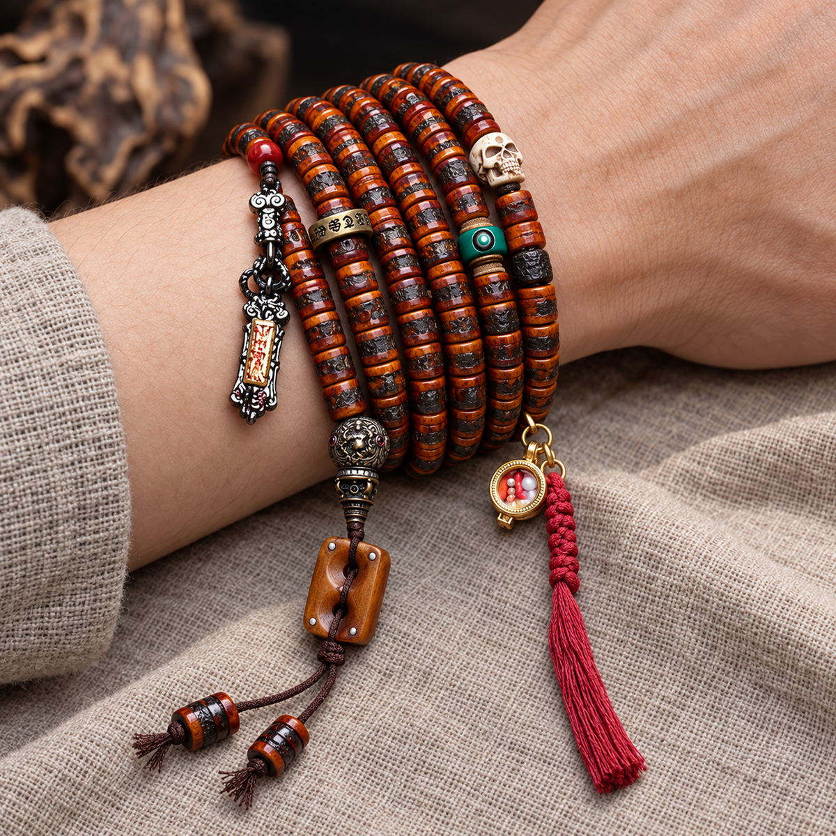 EverestArtstudios Yak Bone 108-Bead Mala with Wealth Deity and Mantra Motifs — wrist resting