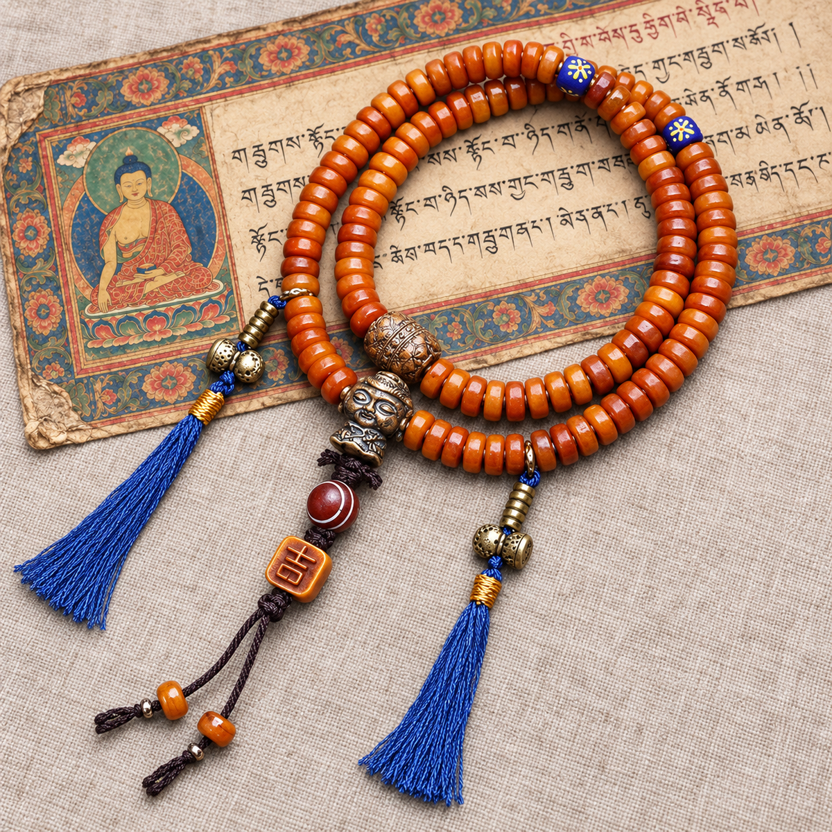 EverestArtstudios Yak Bone 108-Bead Mala with Lotus and Vajra Bodhi Accents — full product