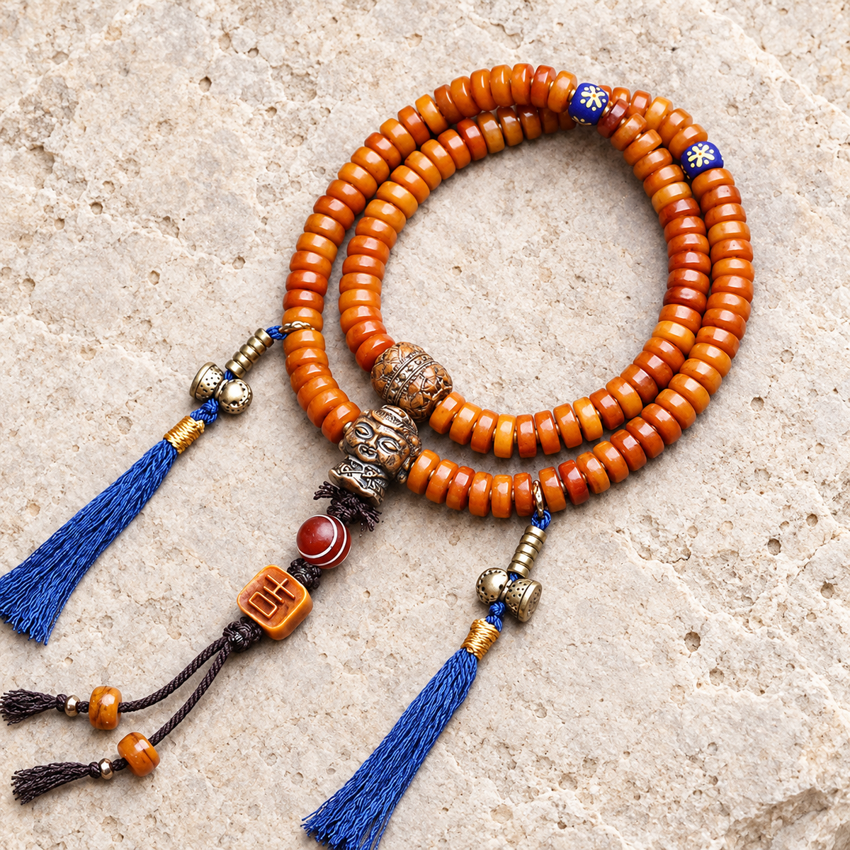 EverestArtstudios Yak Bone 108-Bead Mala with Lotus and Vajra Bodhi Accents — overall display