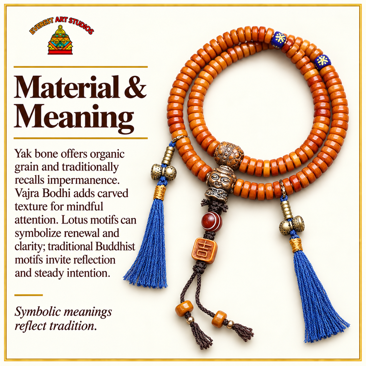 EverestArtstudios Yak Bone 108-Bead Mala with Lotus and Vajra Bodhi Accents — materials meaning