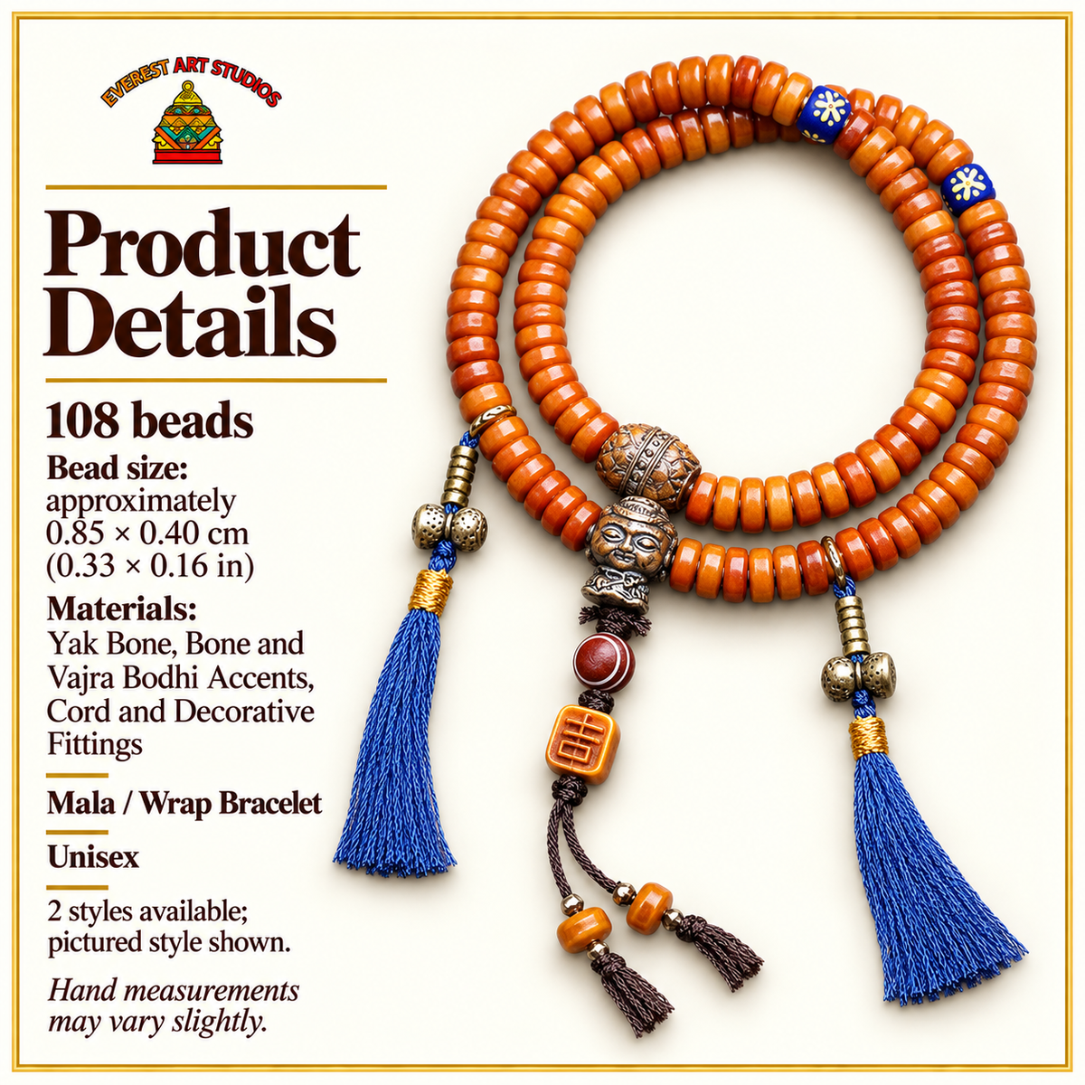 EverestArtstudios Yak Bone 108-Bead Mala with Lotus and Vajra Bodhi Accents — specifications
