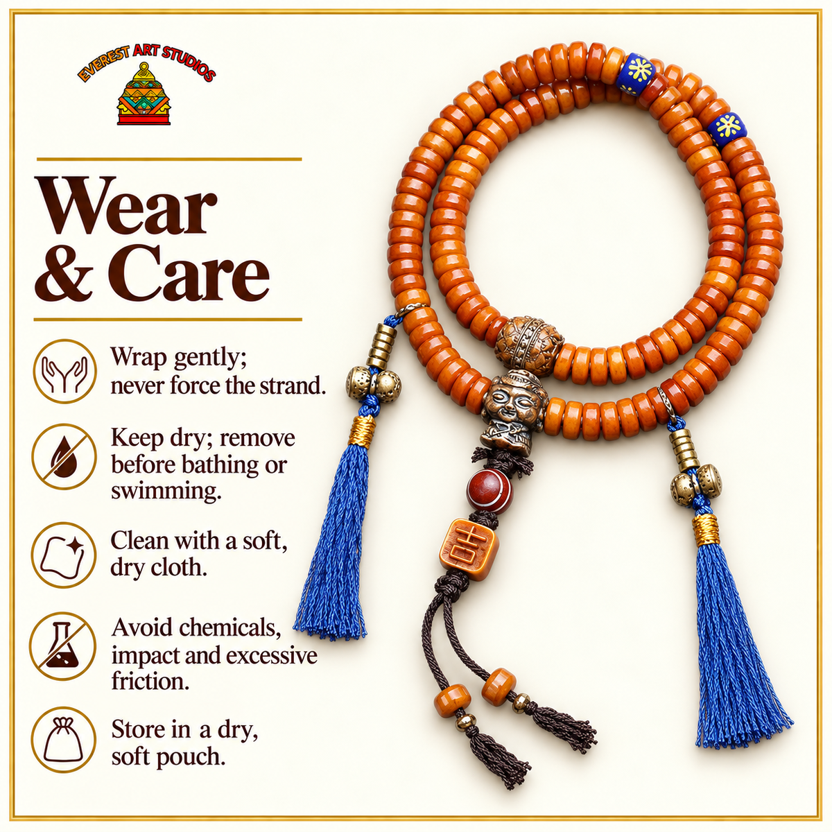 EverestArtstudios Yak Bone 108-Bead Mala with Lotus and Vajra Bodhi Accents — care