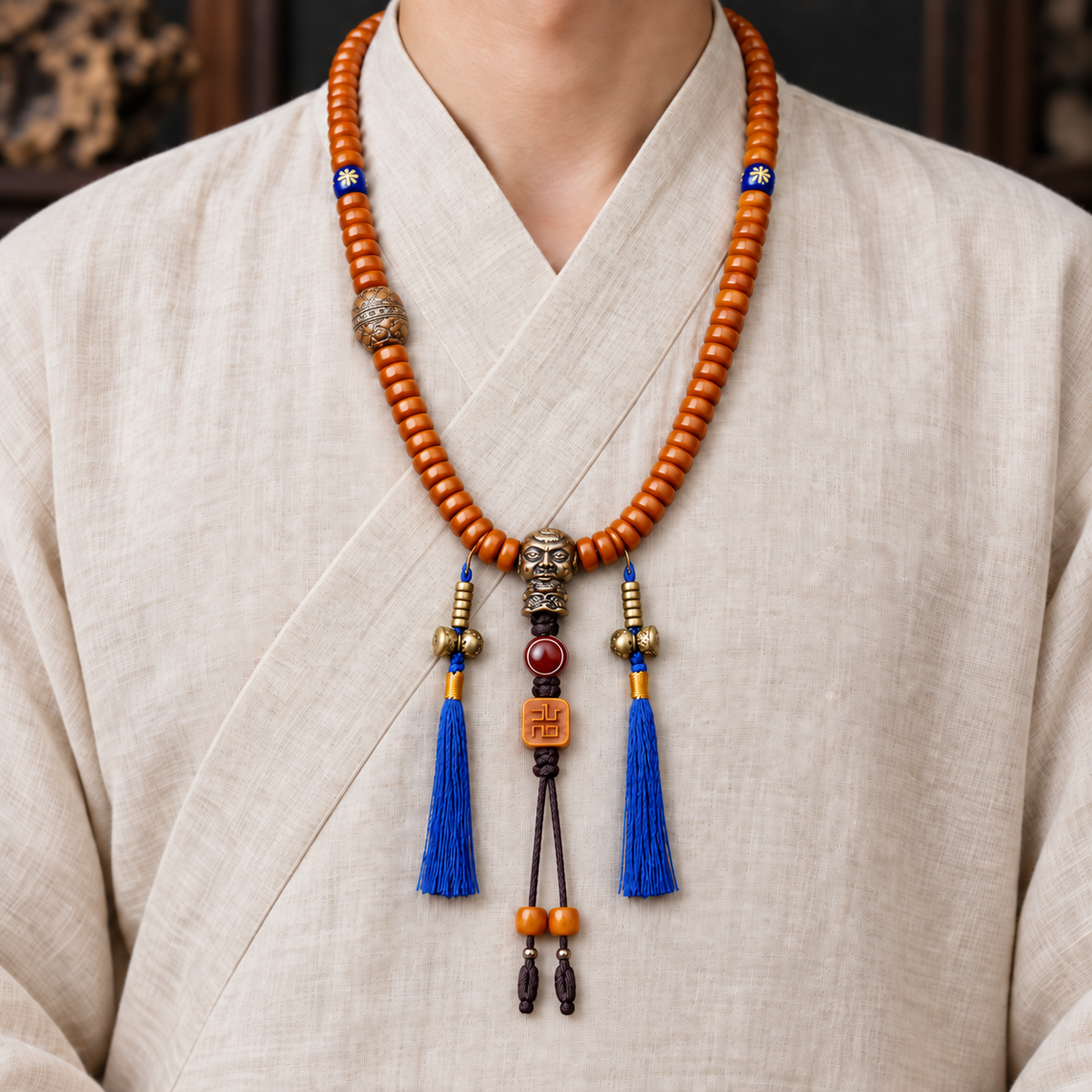 EverestArtstudios Yak Bone 108-Bead Mala with Lotus and Vajra Bodhi Accents — linen front