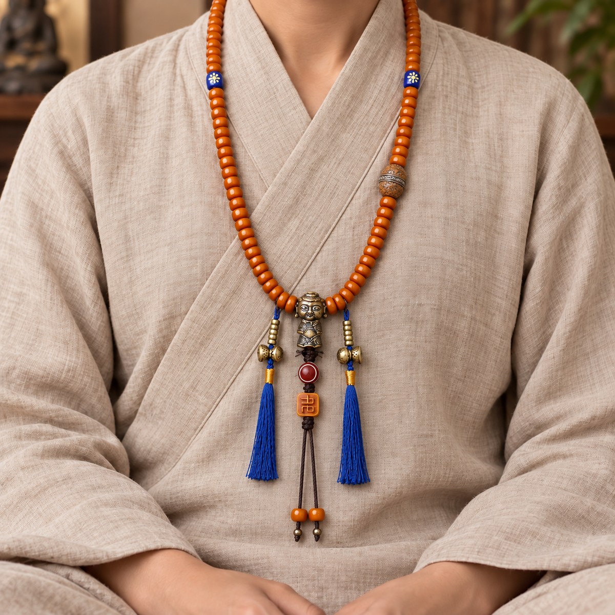 EverestArtstudios Yak Bone 108-Bead Mala with Lotus and Vajra Bodhi Accents — linen seated
