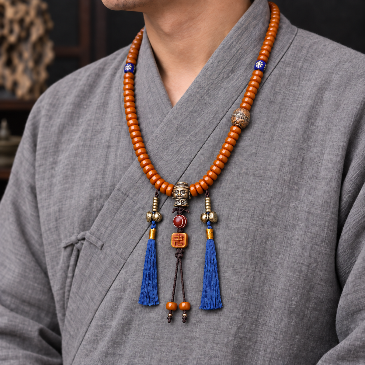 EverestArtstudios Yak Bone 108-Bead Mala with Lotus and Vajra Bodhi Accents — linen side